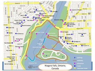 O estádio de Baseball Roger Centre (ex-Skydome, assim denominado de 1989 até 2005, quando mudou de nome) é a sede do time de Toronto, The Blue
Jays, foi inaugurado em 3/06/1989 e dispõe de uma curiosa cobertura retrátil que permite seu uso durante o inverno rigoroso do Canadá. Tem capacidade
para 50 mil espectadores sentados e recebe uma média de 3,5 milhões de visitantes por ano. Está ao lado da CN Tower e vizinho ao Centro de Convenções
de Toronto. Tem também um hotel de luxo, cujos apartamentos mais caros tem vista para o campo de jogo. A escultura mais popular do estádio é obra de
Michael Snow, The Audience, (foto) é um dos cartões postais da cidade.
Niagara Falls, Ontario,
Canada
 