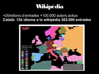 Wikipèdia
+20milions d’entrades +100.000 autors actius
Català: 13è idioma a la wikipèdia 363.000 entrades

 