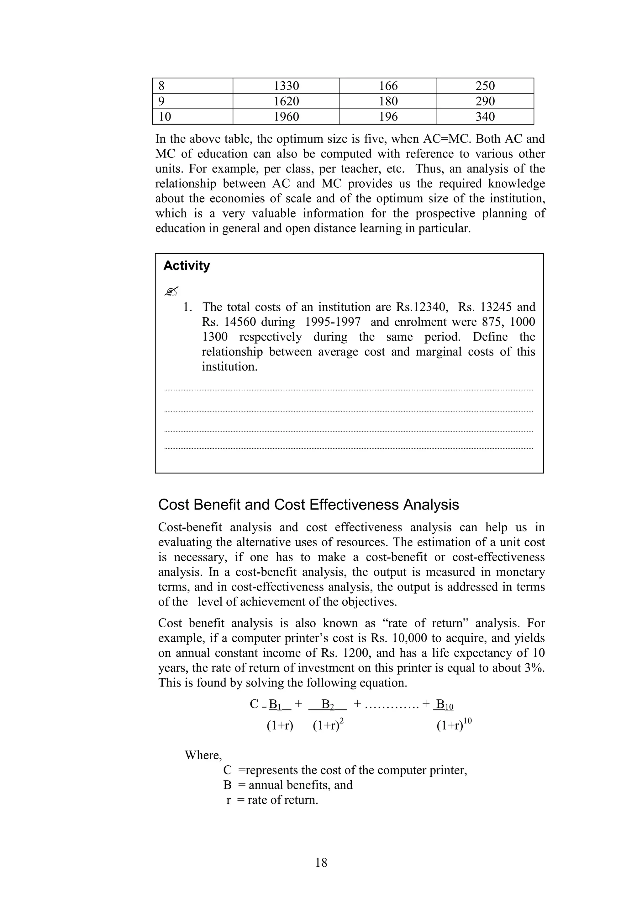 8
9
10

1330
1620
1960

166
180
196

250
290
340

In the above table, the optimum size is five, when AC=MC. Both AC and
MC of education can also be computed with reference to various other
units. For example, per class, per teacher, etc. Thus, an analysis of the
relationship between AC and MC provides us the required knowledge
about the economies of scale and of the optimum size of the institution,
which is a very valuable information for the prospective planning of
education in general and open distance learning in particular.
Activity
1. The total costs of an institution are Rs.12340, Rs. 13245 and
Rs. 14560 during 1995-1997 and enrolment were 875, 1000
1300 respectively during the same period. Define the
relationship between average cost and marginal costs of this
institution.

Cost Benefit and Cost Effectiveness Analysis
Cost-benefit analysis and cost effectiveness analysis can help us in
evaluating the alternative uses of resources. The estimation of a unit cost
is necessary, if one has to make a cost-benefit or cost-effectiveness
analysis. In a cost-benefit analysis, the output is measured in monetary
terms, and in cost-effectiveness analysis, the output is addressed in terms
of the level of achievement of the objectives.
Cost benefit analysis is also known as “rate of return” analysis. For
example, if a computer printer’s cost is Rs. 10,000 to acquire, and yields
on annual constant income of Rs. 1200, and has a life expectancy of 10
years, the rate of return of investment on this printer is equal to about 3%.
This is found by solving the following equation.
C = B1
(1+r)

+

B2
(1+r)2

+ …………. + B10
(1+r)10

Where,
C =represents the cost of the computer printer,
B = annual benefits, and
r = rate of return.

18

 