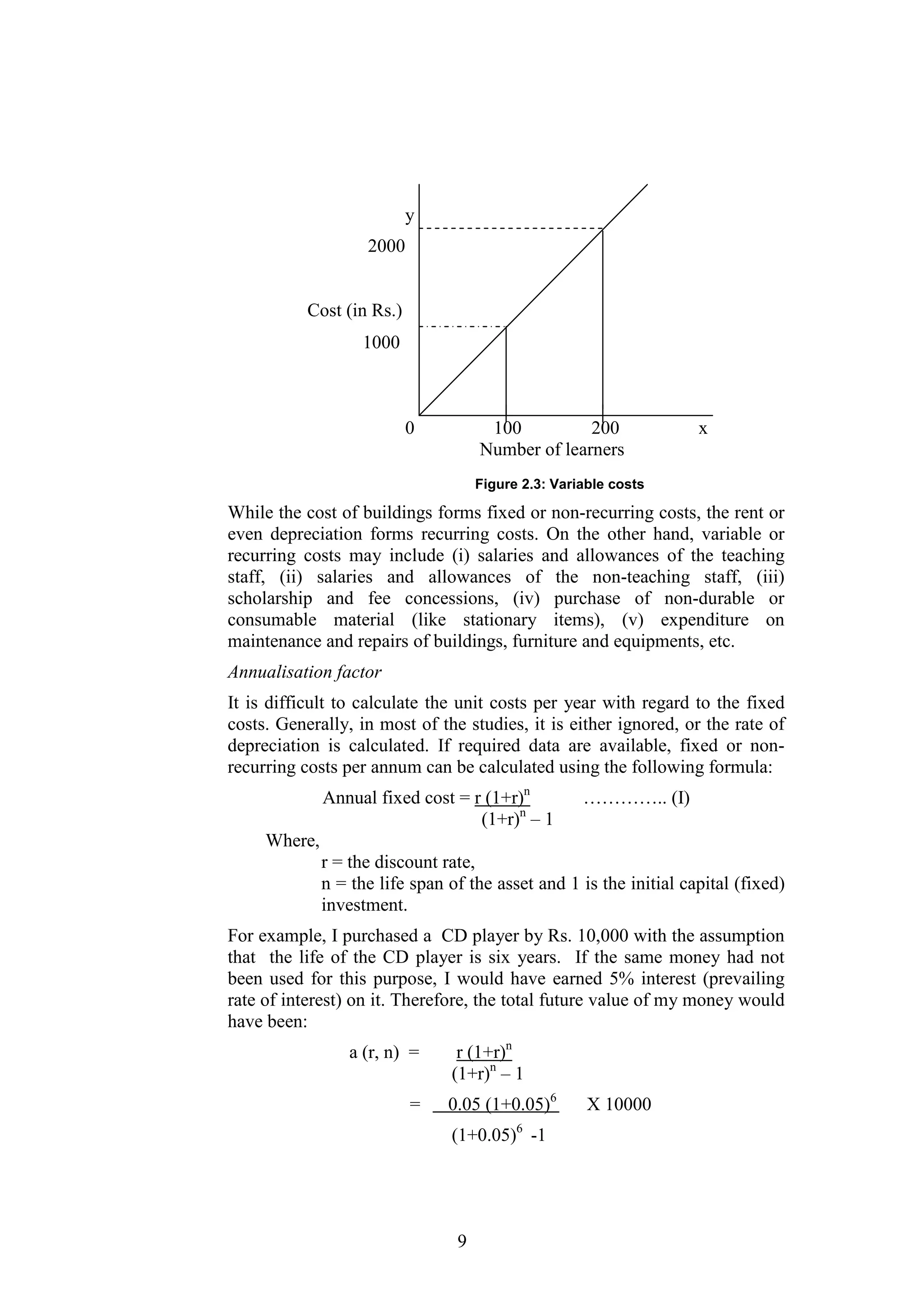 y
2000

Cost (in Rs.)
1000

0

100
200
Number of learners

x

Figure 2.3: Variable costs

While the cost of buildings forms fixed or non-recurring costs, the rent or
even depreciation forms recurring costs. On the other hand, variable or
recurring costs may include (i) salaries and allowances of the teaching
staff, (ii) salaries and allowances of the non-teaching staff, (iii)
scholarship and fee concessions, (iv) purchase of non-durable or
consumable material (like stationary items), (v) expenditure on
maintenance and repairs of buildings, furniture and equipments, etc.
Annualisation factor
It is difficult to calculate the unit costs per year with regard to the fixed
costs. Generally, in most of the studies, it is either ignored, or the rate of
depreciation is calculated. If required data are available, fixed or nonrecurring costs per annum can be calculated using the following formula:
Annual fixed cost = r (1+r)n
(1+r)n – 1

………….. (I)

Where,
r = the discount rate,
n = the life span of the asset and 1 is the initial capital (fixed)
investment.
For example, I purchased a CD player by Rs. 10,000 with the assumption
that the life of the CD player is six years. If the same money had not
been used for this purpose, I would have earned 5% interest (prevailing
rate of interest) on it. Therefore, the total future value of my money would
have been:
a (r, n) =
=

r (1+r)n
(1+r)n – 1
0.05 (1+0.05)6
(1+0.05)6 -1

9

X 10000

 