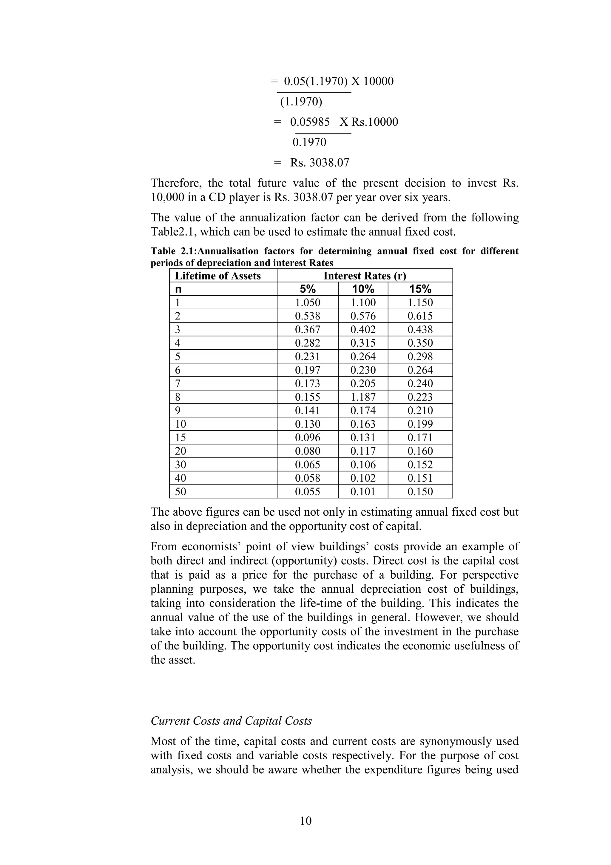 = 0.05(1.1970) X 10000
(1.1970)
= 0.05985 X Rs.10000
0.1970
= Rs. 3038.07
Therefore, the total future value of the present decision to invest Rs.
10,000 in a CD player is Rs. 3038.07 per year over six years.
The value of the annualization factor can be derived from the following
Table2.1, which can be used to estimate the annual fixed cost.
Table 2.1:Annualisation factors for determining annual fixed cost for different
periods of depreciation and interest Rates

Lifetime of Assets
n
1
2
3
4
5
6
7
8
9
10
15
20
30
40
50

Interest Rates (r)
5%
10%
15%
1.050
1.100
1.150
0.538
0.576
0.615
0.367
0.402
0.438
0.282
0.315
0.350
0.231
0.264
0.298
0.197
0.230
0.264
0.173
0.205
0.240
0.155
1.187
0.223
0.141
0.174
0.210
0.130
0.163
0.199
0.096
0.131
0.171
0.080
0.117
0.160
0.065
0.106
0.152
0.058
0.102
0.151
0.055
0.101
0.150

The above figures can be used not only in estimating annual fixed cost but
also in depreciation and the opportunity cost of capital.
From economists’ point of view buildings’ costs provide an example of
both direct and indirect (opportunity) costs. Direct cost is the capital cost
that is paid as a price for the purchase of a building. For perspective
planning purposes, we take the annual depreciation cost of buildings,
taking into consideration the life-time of the building. This indicates the
annual value of the use of the buildings in general. However, we should
take into account the opportunity costs of the investment in the purchase
of the building. The opportunity cost indicates the economic usefulness of
the asset.

Current Costs and Capital Costs
Most of the time, capital costs and current costs are synonymously used
with fixed costs and variable costs respectively. For the purpose of cost
analysis, we should be aware whether the expenditure figures being used

10

 