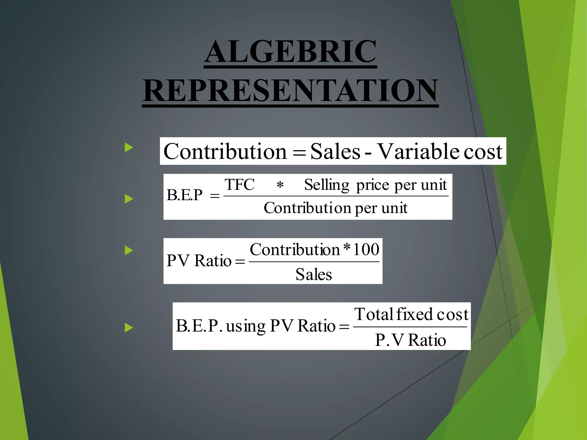ALGEBRIC
REPRESENTATION




unitperonContributi
unitperpriceSellingTFC
B.E.P


costVariable-SalesonContributi 
Sales
100*onContributi
RatioPV 
RatioP.V
costfixedTotal
RatioPVusingB.E.P. 
 