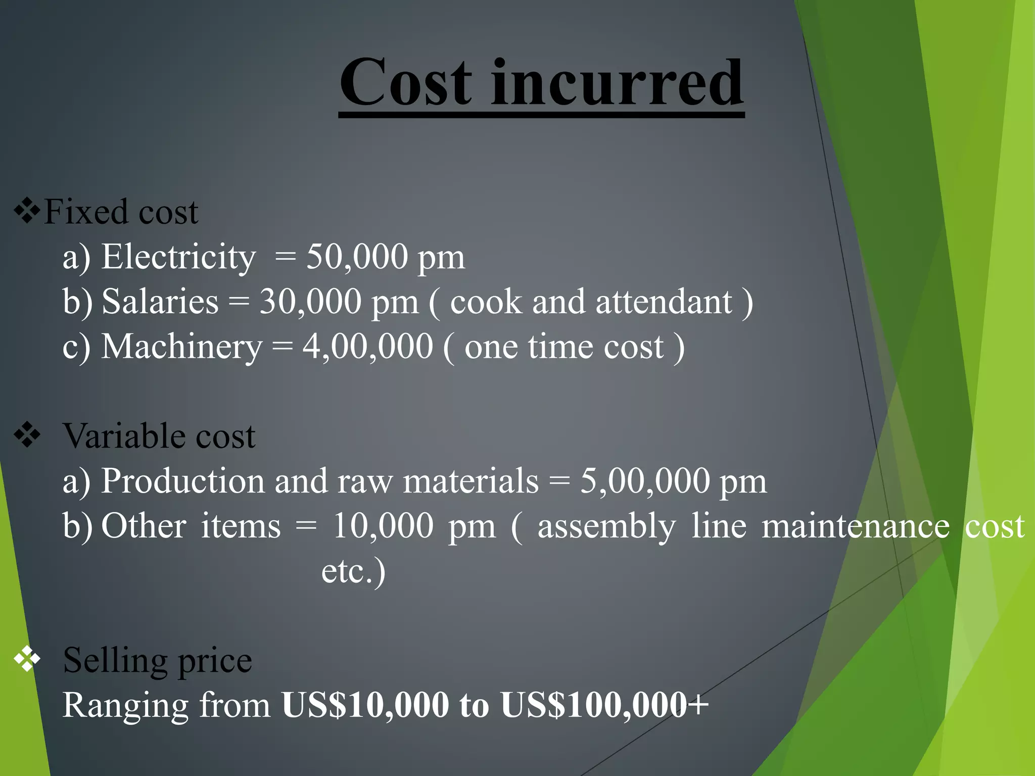 Cost incurred
Fixed cost
a) Electricity = 50,000 pm
b) Salaries = 30,000 pm ( cook and attendant )
c) Machinery = 4,00,000 ( one time cost )
 Variable cost
a) Production and raw materials = 5,00,000 pm
b) Other items = 10,000 pm ( assembly line maintenance cost
etc.)
 Selling price
Ranging from US$10,000 to US$100,000+
 