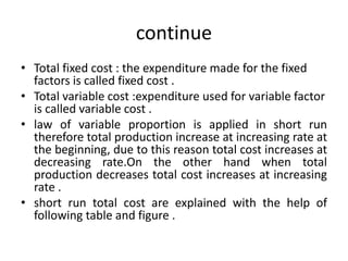continue
• Total fixed cost : the expenditure made for the fixed
factors is called fixed cost .
• Total variable cost :expenditure used for variable factor
is called variable cost .
• law of variable proportion is applied in short run
therefore total production increase at increasing rate at
the beginning, due to this reason total cost increases at
decreasing rate.On the other hand when total
production decreases total cost increases at increasing
rate .
• short run total cost are explained with the help of
following table and figure .
 