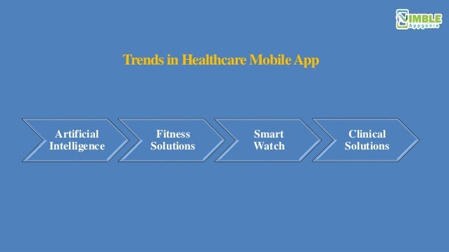 Trends in Healthcare MobileApp
Artificial
Intelligence
Fitness
Solutions
Smart
Watch
Clinical
Solutions
 