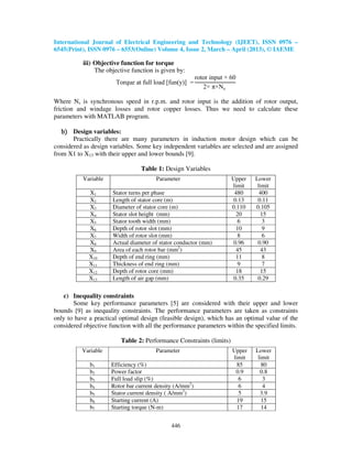 International Journal of Electrical Engineering and Technology (IJEET), ISSN 0976 –
6545(Print), ISSN 0976 – 6553(Online) Volume 4, Issue 2, March – April (2013), © IAEME
446
iii) Objective function for torque
The objective function is given by:
Torque at full load [fun(y)] =
rotor input × 60
2× π×Ns
Where Ns is synchronous speed in r.p.m. and rotor input is the addition of rotor output,
friction and windage losses and rotor copper losses. Thus we need to calculate these
parameters with MATLAB program.
bሻbሻbሻbሻ Design variables:
Practically there are many parameters in induction motor design which can be
considered as design variables. Some key independent variables are selected and are assigned
from X1 to X13 with their upper and lower bounds [9].
Table 1: Design Variables
c) Inequality constraints
Some key performance parameters [5] are considered with their upper and lower
bounds [9] as inequality constraints. The performance parameters are taken as constraints
only to have a practical optimal design (feasible design), which has an optimal value of the
considered objective function with all the performance parameters within the specified limits.
Table 2: Performance Constraints (limits)
Variable Parameter Upper
limit
Lower
limit
X1 Stator turns per phase 480 400
X2 Length of stator core (m) 0.13 0.11
X3 Diameter of stator core (m) 0.110 0.105
X4 Stator slot height (mm) 20 15
X5 Stator tooth width (mm) 6 3
X6 Depth of rotor slot (mm) 10 9
X7 Width of rotor slot (mm) 8 6
X8 Actual diameter of stator conductor (mm) 0.96 0.90
X9 Area of each rotor bar (mm2
) 45 43
X10 Depth of end ring (mm) 11 8
X11 Thickness of end ring (mm) 9 7
X12 Depth of rotor core (mm) 18 15
X13 Length of air gap (mm) 0.35 0.29
Variable Parameter Upper
limit
Lower
limit
b1 Efficiency (%) 85 80
b2 Power factor 0.9 0.8
b3 Full load slip (%) 6 3
b4 Rotor bar current density (A/mm2
) 6 4
b5 Stator current density ( A/mm2
) 5 3.9
b6 Starting current (A) 19 15
b7 Starting torque (N-m) 17 14
 