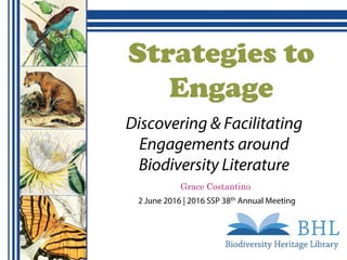 Strategies to
Engage
Discovering & Facilitating
Engagements around
Biodiversity Literature
Grace Costantino
2 June 2016 | 2016 SSP 38th Annual Meeting
 