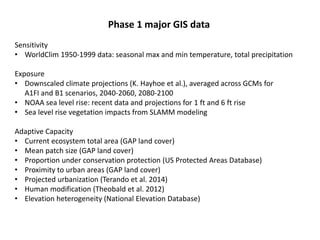 Phase 1 major GIS data
Sensitivity
• WorldClim 1950-1999 data: seasonal max and min temperature, total precipitation
Exposure
• Downscaled climate projections (K. Hayhoe et al.), averaged across GCMs for
A1FI and B1 scenarios, 2040-2060, 2080-2100
• NOAA sea level rise: recent data and projections for 1 ft and 6 ft rise
• Sea level rise vegetation impacts from SLAMM modeling
Adaptive Capacity
• Current ecosystem total area (GAP land cover)
• Mean patch size (GAP land cover)
• Proportion under conservation protection (US Protected Areas Database)
• Proximity to urban areas (GAP land cover)
• Projected urbanization (Terando et al. 2014)
• Human modification (Theobald et al. 2012)
• Elevation heterogeneity (National Elevation Database)
 