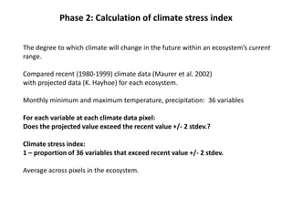 Phase 2: Calculation of climate stress index
The degree to which climate will change in the future within an ecosystem’s current
range.
Compared recent (1980-1999) climate data (Maurer et al. 2002)
with projected data (K. Hayhoe) for each ecosystem.
Monthly minimum and maximum temperature, precipitation: 36 variables
For each variable at each climate data pixel:
Does the projected value exceed the recent value +/- 2 stdev.?
Climate stress index:
1 – proportion of 36 variables that exceed recent value +/- 2 stdev.
Average across pixels in the ecosystem.
 