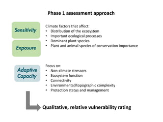 Phase 1 assessment approach
Climate factors that affect:
• Distribution of the ecosystem
• Important ecological processes
• Dominant plant species
• Plant and animal species of conservation importance
Focus on:
• Non-climate stressors
• Ecosystem function
• Connectivity
• Environmental/topographic complexity
• Protection status and management
Qualitative, relative vulnerability rating
 