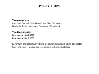 Phase 2: HCCVI
Two ecosystems:
East Gulf Coastal Plain Near-Coast Pine Flatwoods
Nashville Basin Limestone Glade and Woodland
Two time periods:
Mid-century (c. 2050)
Late century (c. 2100)
Minimum and maximum values for each time period when applicable
from alternative emissions scenarios or other uncertainty.
 