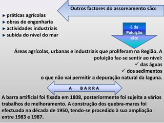 práticas agrícolas
obras de engenharia
actividades industriais
subida do nível do mar
Áreas agrícolas, urbanas e industriais que proliferam na Região. A
poluição faz-se sentir ao nível:
 das águas
 dos sedimentos
o que não vai permitir a depuração natural da laguna.
A barra artificial foi fixada em 1808, posteriormente foi sujeita a vários
trabalhos de melhoramento. A construção dos quebra-mares foi
efectuada na década de 1950, tendo-se procedido à sua ampliação
entre 1983 e 1987.
E da
Poluição
são:
A B A R R A
Outros factores do assoreamento são:
 