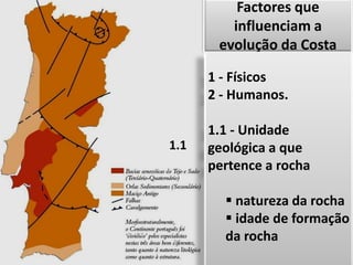 Factores que
influenciam a
evolução da Costa
1.1
1 - Físicos
2 - Humanos.
1.1 - Unidade
geológica a que
pertence a rocha
 natureza da rocha
 idade de formação
da rocha
 