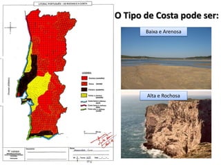 O Tipo de Costa pode ser:
Baixa e Arenosa
Alta e Rochosa
 