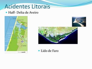 Acidentes Litorais 
 Haff- Delta de Aveiro 
 Lido de Faro 
 