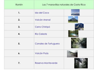 Rankin Las 7 maravillas naturales de Costa Rica
1. Isla del Coco
2. Volcán Arenal
3. Cerro Chirripó
4. Río Celeste
5. Canales de Tortuguero
6. Volcán Poás
7. Reserva Monteverde
 