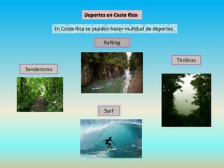 Deportes en Costa Rica
En Costa Rica se pueden hacer multitud de deportes
Senderismo
Rafting
Tirolinas
Surf
 