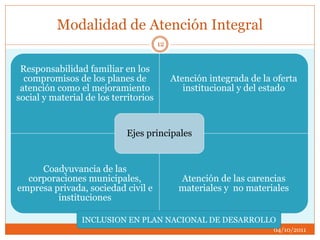 Modalidad de Atención Integral
Responsabilidad familiar en los
compromisos de los planes de
atención como el mejoramiento
social y material de los territorios
Atención integrada de la oferta
institucional y del estado
Coadyuvancia de las
corporaciones municipales,
empresa privada, sociedad civil e
instituciones
Atención de las carencias
materiales y no materiales
Ejes principales
04/10/2011
12
INCLUSION EN PLAN NACIONAL DE DESARROLLO
 