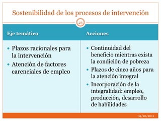 Eje temático Acciones
 Plazos racionales para
la intervención
 Atención de factores
carenciales de empleo
 Continuidad del
beneficio mientras exista
la condición de pobreza
 Plazos de cinco años para
la atención integral
 Incorporación de la
integralidad: empleo,
producción, desarrollo
de habilidades
Sostenibilidad de los procesos de intervención
04/10/2011
23
 