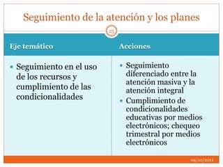 Eje temático Acciones
 Seguimiento en el uso
de los recursos y
cumplimiento de las
condicionalidades
 Seguimiento
diferenciado entre la
atención masiva y la
atención integral
 Cumplimiento de
condicionalidades
educativas por medios
electrónicos; chequeo
trimestral por medios
electrónicos
Seguimiento de la atención y los planes
04/10/2011
25
 