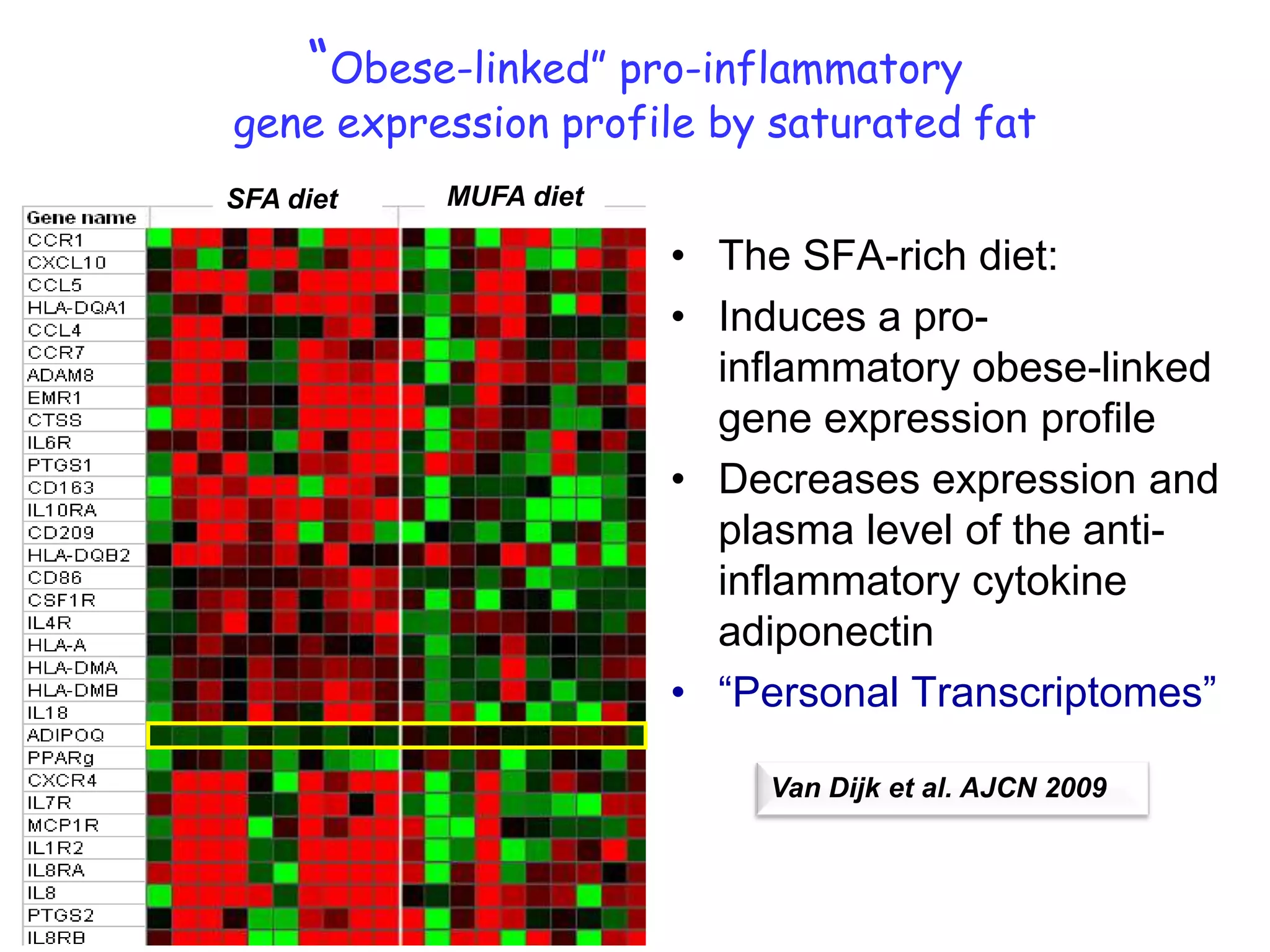 “Obese-linked” pro-inflammatory
gene expression profile by saturated fat
SFA diet   MUFA diet

                       • The SFA-rich diet:
                       • Induces a pro-
                         inflammatory obese-linked
                         gene expression profile
                       • Decreases expression and
                         plasma level of the anti-
                         inflammatory cytokine
                         adiponectin
                       • “Personal Transcriptomes”

                           Van Dijk et al. AJCN 2009
 