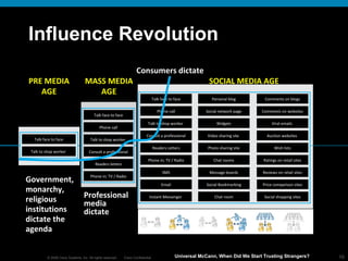 Influence Revolution Universal McCann, When Did We Start Trusting Strangers?  PRE MEDIA AGE Talk face to face Talk to shop worker  Government, monarchy, religious institutions dictate the agenda MASS MEDIA AGE Consult a professional Readers letters Phone in; TV / Radio Talk to shop worker  Talk face to face Phone call Professional media dictate SOCIAL MEDIA AGE Personal blog Social network page Widgets Photo sharing site Chat rooms Message boards Video sharing site  Comments on blogs Comments on websites Viral emails  Wish lists Ratings on retail sites Reviews on retail sites Auction websites  Social Bookmarking Chat room Price comparison sites Social shopping sites Consult a professional Readers Letters Phone in; TV / Radio Talk to shop worker  Talk face to face Phone call SMS Email Instant Messenger  Consumers dictate 