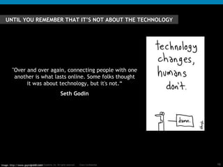 "Over and over again, connecting people with one another is what lasts online. Some folks thought it was about technology, but it's not.“ Seth Godin Image: http://www.gapingvoid.com/ UNTIL YOU REMEMBER THAT IT’S NOT ABOUT THE TECHNOLOGY 