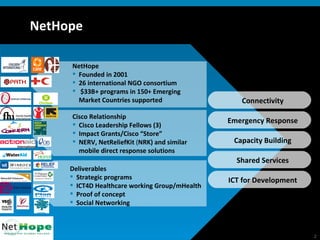 NetHope NetHope Founded in 2001 26 international NGO consortium $33B+ programs in 150+ Emerging Market Countries supported Connectivity Emergency Response Capacity Building Shared Services ICT for Development Cisco Relationship Cisco Leadership Fellows (3) Impact Grants/Cisco “Store” NERV, NetReliefKit  ( NRK) and similar mobile direct response solutions Deliverables Strategic programs ICT4D Healthcare working Group/mHealth Proof of concept Social Networking 