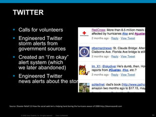 TWITTER Calls for volunteers Engineered Twitter storm alerts from  government sources Created an “I’m okay” alert system (which we later abandoned) Engineered Twitter  news alerts about the storm Source:  Disaster Relief 2.0  How the social web lent a helping hand during the hurricane season of 2008 http://deannazandt.com 