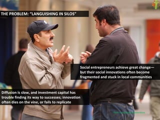 flickr.com/photos/polandeze THE PROBLEM: “LANGUISHING IN SILOS” Social entrepreneurs achieve great change—but their social innovations often become fragmented and stuck in local communities Diffusion is slow, and investment capital has trouble finding its way to successes; innovation often dies on the vine, or fails to replicate 