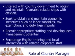 Role of Country Manager Interact with country government to obtain and maintain favorable relationships with officials Seek to obtain and maintain economic incentives such as labor subsidies, tax exemption, and duty free imports Recruit appropriate staffing and develop local management potential Encourage English training and local interaction with related corporate staff 