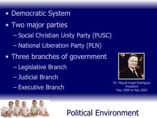 Political Environment Democratic System Two major parties Social Christian Unity Party (PUSC) National Liberation Party (PLN) Three branches of government Legislative Branch Judicial Branch Executive Branch Dr. Miguel Angel Rodriguez President May 1998 to May 2002 