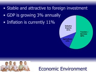 Stable and attractive to foreign investment GDP is growing 3% annually Inflation is currently 11% Economic Environment 