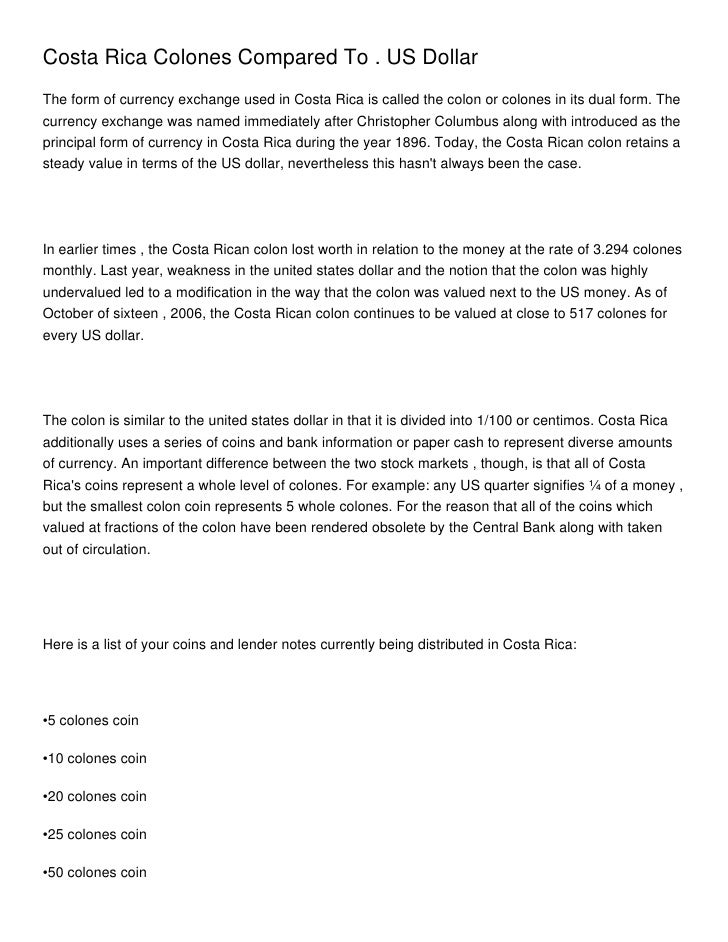 Costa Rica Colones Compared To . US Dollar