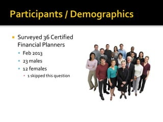    Surveyed 36 Certified
    Financial Planners
     Feb 2013
     23 males
     12 females
      ▪ 1 skipped this question
 