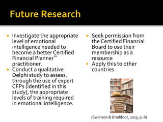    Investigate the appropriate      Seek permission from
    level of emotional                the Certified Financial
    intelligence needed to            Board to use their
    become a better Certified         membership as a
    Financial Planner™                resource
    practitioner.                    Apply this to other
   Conduct a qualitative             countries
    Delphi study to assess,
    through the use of expert
    CFPs (identified in this
    study), the appropriate
    levels of training required
    in emotional intelligence.

                                      (Swanson & Bradifoot, 2013, p. 8)
 