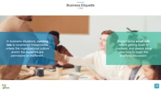 Business Etiquette
(1 of 4)
28
In business situations, running
late is considered irresponsible
unless the organizational culture
and/or the superiors are
permissive or indifferent.
Expect some small talk
before getting down to
business, and always allow
your host to begin the
business discussion.
 