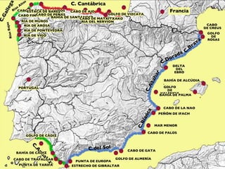 C.Brava C.Dorada C.Azahar C.Blanca C.del Sol C.Gallega Rías Altas Rías Bajas C.Andaluza C. Cantábrica Francia CABO  DE CREUS GOLFO DE ROSAS DELTA  DEL EBRO GOLFO DE VALENCIA CABO DE LA NAO PEÑÓN DE IFACH MAR MENOR CABO DE PALOS CABO DE GATA GOLFO DE ALMERÍA PUNTA DE EUROPA ESTRECHO DE GIBRALTAR PUNTA DE TARIFA CABO DE TRAFALGAR BAHÍA DE CÁDIZ GOLFO DE CÁDIZ PORTUGAL RÍA DE VIGO RÍA DE PONTEVEDRA RÍA DE AROSA RÍA DE MUROS CABO FINISTERRE RÍA DE BETANZOS CABO DE ORTEGAL ESTACA DE BARES CABO DE PEÑAS BAHÍA DE SANTANDER CABO DE AJO RÍA DEL NERVIÓN CABO DE MATXITXAKO GOLFO DE VIZCAYA BAHÍA DE PALMA BAHÍA DE ALCÚDIA 