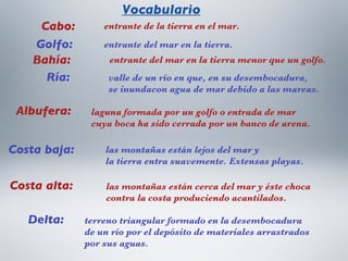 Cabo: Golfo: Bahía: Ría: Albufera: Costa baja: Costa alta: Delta: entrante de la tierra en el mar. entrante del mar en la tierra. entrante del mar en la tierra menor que un golfo. valle de un río en que, en su desembocadura,  se inundacon agua de mar debido a las mareas. laguna formada por un golfo o entrada de mar cuya boca ha sido cerrada por un banco de arena. las montañas están lejos del mar y  la tierra entra suavemente. Extensas playas. las montañas están cerca del mar y éste choca contra la costa produciendo acantilados. terreno triangular formado en la desembocadura de un río por el depósito de materiales arrastrados por sus aguas. Vocabulario 