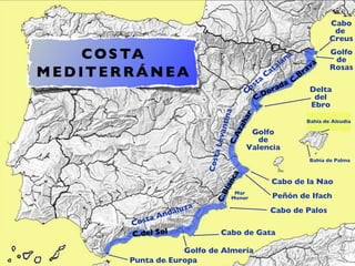 Golfo de Valencia Mar Menor Costa Catalana Costa Levantina Costa Andaluza C.Brava C.Dorada C.Azahar C.Blanca C.del Sol Cabo de  Creus Golfo de Rosas Delta del Ebro Cabo de la Nao Peñón de Ifach Cabo de Palos Cabo de Gata Golfo de Almería Punta de Europa Bahía de Alcudia Bahía de Palma 