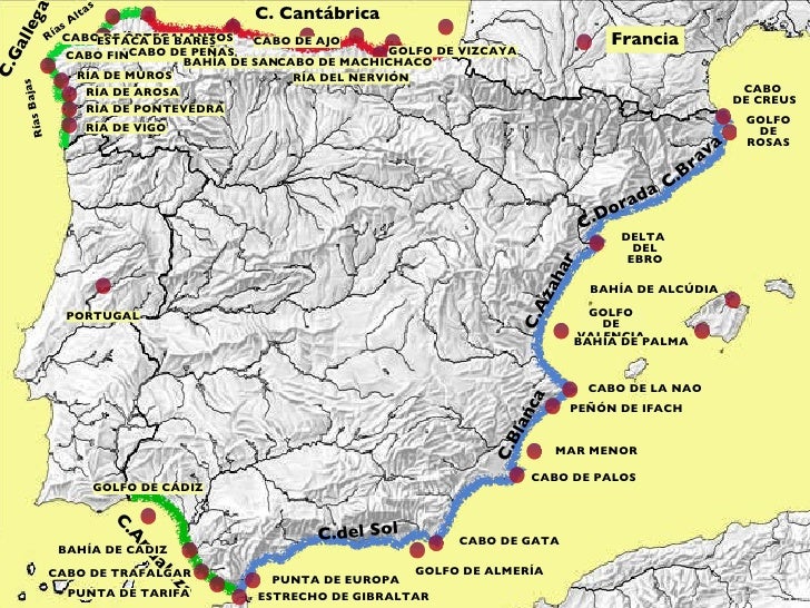 Resultado de imagen de mapa costas de españa relieve cabos