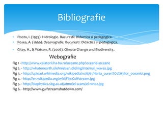 Bibliografie
Pisota, I. (1975). Hidrologie. Bucuresti: Didactica si pedagogica.
Posea, A. (1999). Oceanografie. Bucuresti: Didactica si pedagogica.
Gitay, H., & Watson, R. (2006). Climate Change and Biodiversity.

Webografie
Fig 1 - http://www.calatorii.ha-ha.ro/oceane.php?oceane=oceane
Fig 2. - http://whatonearth.olehnielsen.dk/img/internal_waves.jpg
Fig 3. - http://upload.wikimedia.org/wikipedia/ro/6/61/Harta_curen%C5%A3ilor_oceanici.png
Fig 4. - http://en.wikipedia.org/wiki/File:Golfstream.jpg
Fig 5. - http://biophysics.sbg.ac.at/atmo/el-scans/el-nino2.jpg
Fig 6. - http://www.gulfstreamshutdown.com/

 