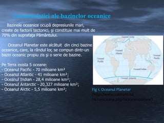 Caracteristici ale bazinelor oceanice
Bazinele oceanice ocupă depresiunile mari,
create de factorii tectonici, şi constituie mai mult de
70% din suprafaţa Pământului.
Oceanul Planetar este alcătuit din cinci bazine
oceanice, care, la rândul lor, se compun dintr-un
bazin oceanic propiu zis şi o serie de bazine.
Pe Terra exista 5 oceane:
- Oceanul Pacific - 70 milioane km²
- Oceanul Atlantic - 41 milioane km²;
- Oceanul Indian - 28,4 milioane km²;
- Oceanul Antarctic - 20,327 milioane km²;
- Oceanul Arctic - 5,5 milioane km²;

Fig 1. Oceanul Planetar
(http://www.calatorii.haha.ro/oceane.php?oceane=oceane)

 