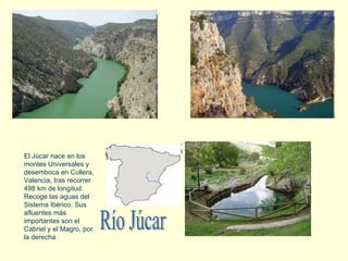 Río Júcar El Júcar nace en los montes Universales y desemboca en Cullera, Valencia, tras recorrer 498 km de longitud. Recoge las aguas del Sistema Ibérico. Sus afluentes más importantes son el Cabriel y el Magro, por la derecha 