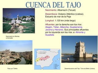 CUENCA DEL TAJO Nacimiento : Albarracín (Teruel)  Desemboca : Océano Atlántico (Lisboa). Estuario de mar de la Paja Longitud:  1.120 km (más largo) Afluentes:  por la derecha son los ríos:  Alagón, Tiétar, Alberche, Guadarrama, Jarama y Henares . Sus principales afluentes por la izquierda son los ríos: a:  Almonte y Guadiela Nacimiento en Montes universales Desembocadura del Tajo. Torre de Belén (Lisboa) Paso por Toledo 