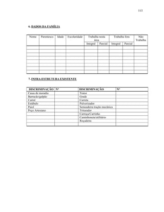 113

6. DADOS DA FAMÍLIA

Nome

Parentesco

Idade

Escolaridade

Trabalha nesta
área
Integral Parcial

Trabalha fora
Integral

7. INFRA-ESTRUTURA EXISTENTE

DISCRIMINAÇÃO N°
Casas de moradia
Barracão/galpão
Curral
Estábulo
Paiol
Poço Artesiano

DISCRIMINAÇÃO
Trator
Grade
Carreta
Pulverizador
Semeadeira tração mecânica
Triturador
Carroça/Carrinho
Caminhoneta/utilitário
Roçadeira

N°

Parcial

Não
Trabalha

 