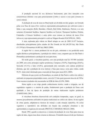 17

A produção nacional de uva destina-se basicamente, para dois mercados com
características distintas: uvas para processamento (vinhos e sucos) e uvas para consumo in
natura (mesa).
A produção de uvas de mesa no Brasil pode ser dividida em dois grupos: um formado
pelas uvas finas de mesa (Vitis vinifera), representado principalmente por cultivares como a
Itália e suas mutações (Rubi, Benitaka e Brasil), Red Globe, Redimeire, Patrícia e as sem
sementes (Centennial Seedless, Superior Seedless ou Festival, Thompson Seedless, Perlette,
Catalunha e Crimson Seedless); e outro pelas uvas comuns ou rústicas de mesa (Vitis
labrusca), cuja representante principal é o cultivar Niágara Rosada (NACHTIGAL, 2002).
A área explorada pela videira no Brasil atingiu no ano de 2009 81.677 hectares,
distribuídos principalmente pelos estados do Rio Grande do Sul (48.259 ha), São Paulo
(11.259 ha) e Pernambuco (6.003 ha), IBGE (2009).
A região Sul é a maior produtora de uva do país, entretanto a uva produzida nessa
região destina-se principalmente, à produção de vinhos e suco, enquanto que em São Paulo e
Pernambuco predominam a produção de uvas para mesa.
De modo geral, a viticultura paulista, com uma produção total de 193.988 toneladas
em 2009, tem como principais regiões produtoras, Campinas (34,4%), Itapetininga (28,6%),
Sorocaba (15,1%) e Jales (14,8%), apresentando dois mercados com cadeias produtivas
distintas, que são a produção de uvas rústicas e finas para mesa e uvas para vinhos, sendo
99,3% deste total é destinado para o mercado de frutas para mesa (IEA, 2009).
Diferente do que ocorre em Pernambuco, no estado de São Paulo o cultivo da videira é
realizado em pequenas propriedades rurais, cerca de 2/3 das quais possuem área de até 50 ha.
Esses mesmos resultados são encontrados no EDR de Jales (LUPA, 2008).
Nesta região a uva exige grande conhecimento técnico, sendo a irrigação, uso de
reguladores vegetais e o sistema de podas, fundamentais para a produção de frutas com
qualidade e fora da época de produção de outras tradicionais regiões produtoras
(TARSITANO, 2001).
A viticultura brasileira desenvolvida sob condições temperadas, segue, no geral, os
mesmos procedimentos utilizados em países tradicionais no cultivo da videira. Já nas regiões
de clima quente, adaptaram-se técnicas de manejo a cada situação específica. Os ciclos
vegetativo e reprodutivo são definidos em função das condições climáticas e das
oportunidades e exigências do mercado (PROTAS; CAMARGO; MELLO, 2006).
Desde 1992, quando se descreveu o sistema de produção de uvas finas para mesa na
região de Jales, alguns itens deste sistema se alteraram. O trabalho desenvolvido por Institutos

 