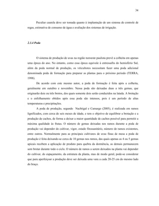 34

Peculiar cautela deve ser tomada quanto à implantação de um sistema de controle de
regas, estimativa de consumo de água e avaliação dos sistemas de irrigação.

2.3.4 Poda

O sistema de produção de uvas na região noroeste paulista prevê a colheita em apenas
uma época do ano. No entanto, como essa época equivale à entressafra do hemisfério Sul,
além da poda normal de produção, os viticultores necessitam fazer uma poda adicional
denominada poda de formação para preparar as plantas para o próximo período (TERRA,
1998).
De acordo com este mesmo autor, a poda de formação é feita após a colheita,
geralmente em outubro e novembro. Nessa poda são deixadas duas a três gemas, que
originarão dois ou três brotos, dos quais somente dois serão conduzidos na latada. A brotação
e o enfolhamento obtidos após essa poda são intensos, pois é um período de altas
temperaturas e precipitações.
A poda de produção, segundo Nachtigal e Camargo (2005), é realizada em ramos
lignificados, com cerca de seis meses de idade, e tem o objetivo de equilibrar a brotação e a
produção de cachos, de forma a deixar a maior quantidade de cachos possível para permitir a
máxima qualidade às frutas. O número de gemas deixadas nos ramos durante a poda de
produção vai depender do cultivar, vigor, estado fitossanitário, número de ramos existentes,
entre outros. Normalmente para as principais cultivares de uvas finas de mesa a poda de
produção é feita deixando-se cerca de 10 gemas nos ramos, das quais apenas as 4 ou 5 gemas
apicais recebem a aplicação de produto para quebra da dormência, as demais permanecem
sem brotar durante todo o ciclo. O número de ramos a serem deixados na planta vai depender
do cultivar, do espaçamento, da estrutura da planta, mas de modo geral, pode-se considerar
que para aperfeiçoar a produção deve ser deixada uma vara a cada 20-25 cm do mesmo lado
do braço.

 