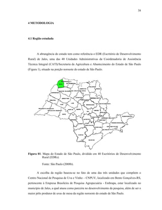 38

4 METODOLOGIA

4.1 Região estudada

A abrangência do estudo tem como referência o EDR (Escritório de Desenvolvimento
Rural) de Jales, uma das 40 Unidades Administrativas da Coordenadoria de Assistência
Técnica Integral (CATI)/Secretaria da Agricultura e Abastecimento do Estado de São Paulo
(Figura 1), situado na porção noroeste do estado de São Paulo.

Figura 01. Mapa do Estado de São Paulo, dividido em 40 Escritórios de Desenvolvimento
Rural (EDRs).
Fonte: São Paulo (2008b).
A escolha da região baseou-se no fato de uma das três unidades que compõem o
Centro Nacional de Pesquisa de Uva e Vinho – CNPUV, localizado em Bento Gonçalves-RS,
pertencente à Empresa Brasileira de Pesquisa Agropecuária - Embrapa, estar localizado no
município de Jales, a qual atuou como parceira no desenvolvimento da pesquisa, além de ser o
maior pólo produtor de uvas de mesa da região noroeste do estado de São Paulo.

 
