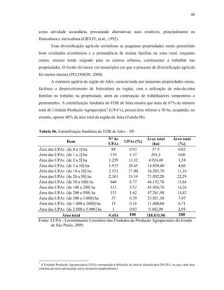 40

como atividade secundária, procurando alternativas mais rentáveis, principalmente na
fruticultura e olericultura (GIELFI, et al., 1992).
Essa diversificação agrícola revitalizou as pequenas propriedades rurais permitindo
bons resultados econômicos e a permanência de muitas famílias na zona rural, enquanto
outras, mesmo tendo migrado para os centros urbanos, continuaram a trabalhar nas
propriedades. O êxodo foi maior em municípios em que o processo de diversificação agrícola
foi menos intenso (PELINSON, 2000).
A estrutura agrária da região de Jales, caracterizada por pequenas propriedades rurais,
facilitou o desenvolvimento da fruticultura na região, com a utilização da mão-de-obra
familiar no trabalho na propriedade, além da contratação de trabalhadores temporários e
permanentes. A estratificação fundiária do EDR de Jales mostra que mais de 87% do número
total de Unidade Produção Agropecuária1 (UPA’s), possui área inferior a 50 ha, ocupando, no
entanto, apenas 40% da área total da região de Jales (Tabela 06).

Tabela 06. Estratificação fundiária do EDR de Jales – SP.
Área total
Área total
N° de
UPAs (%)
(ha)
(%)
UPAs
Área das UPAs (de 0 a 1] ha
88
0.93
57.5
0,02
Área das UPAs (de 1 a 2] ha
139
1.47
201,4
0,06
Área das UPAs (de 2 a 5] ha
1.259
13.32
4.924,40
1,54
Área das UPAs (de 5 a 10] ha
1.933
20.45
14.850,40
4,66
Área das UPAs (de 10 a 20] ha
2.553
27.00
36.285,70
11,38
Área das UPAs (de 20 a 50] ha
2.301
24.34
71.032,20
22,29
Área das UPAs (de 50 a 100] ha
640
6.77
44.132,70
13,84
Área das UPAs (de 100 a 200] ha
333
3.52
45.456,70
14,26
Área das UPAs (de 200 a 500] ha
153
1.62
47.261,90
14,82
Área das UPAs (de 500 a 1.000] ha
37
0.39
23.821,50
7,47
Área das UPAs (de 1.000 a 2000] ha
15
0.16
21.404,60
6,71
Área das UPAs (de 2.000 a 5.000] ha
3
0.03
9.402,90
2,95
100
100
Área total
9.454
318.831,90
Fonte: LUPA - Levantamento Censitário das Unidades de Produção Agropecuária do Estado
de São Paulo, 2009.
Item

1

A Unidade Produção Agropecuária (UPA) corresponde à definição de imóvel adotada pelo INCRA, ou seja, uma área
contínua de terra pertencente ao(s) mesmo(s) proprietário(s).

 